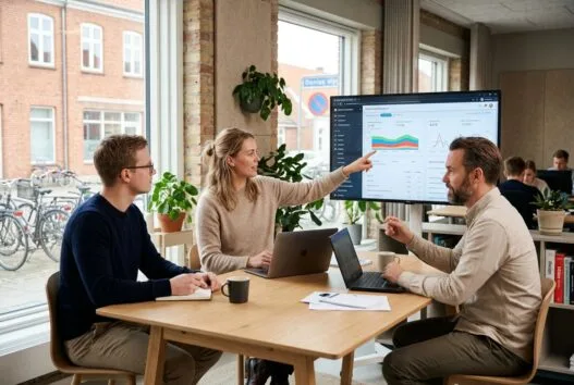 Skandinavisk webbureau i Nakskov med team ved computere og digitale dashboards i moderne kontor