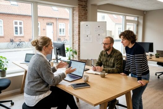 Moderne webbureau i neder randlev med skandinaviske medarbejdere foran dashboards og laptop