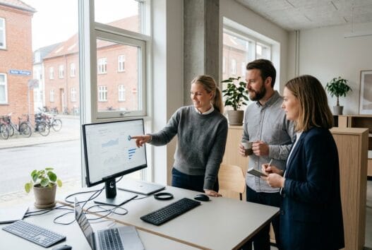 Realistisk team i moderne kontor med digitalt arbejde for et webbureau i neder vindinge