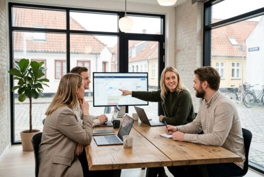 Moderne kontor med danske medarbejdere, der arbejder med webdesign og SEO i nederby