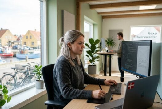 Skandinavisk webbureau i Nexø med team ved computer og digitale dashboards i moderne kontor