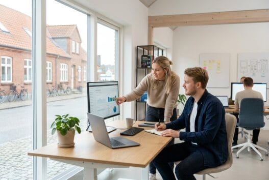 Moderne webbureau i Nibe med danske medarbejdere, der arbejder med digitale løsninger ved en computer