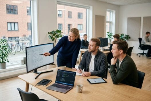 Realistisk kontorscene med dansk webbureau i niløse, hvor et team arbejder med digitale løsninger