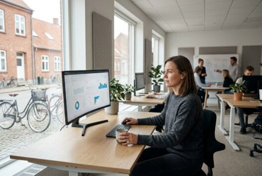 Moderne dansk team arbejder med webdesign og digitale dashboards i nim