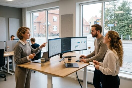 Realistisk dansk team arbejder med webdesign og SEO i et moderne kontor i nivå