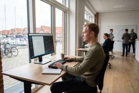 Skandinavisk webbureau i Nivå Havn med team foran skærme og digitale dashboards