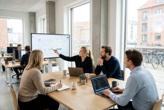 Dansk webbureauteam arbejder med digitale løsninger i et moderne kontormiljø i no