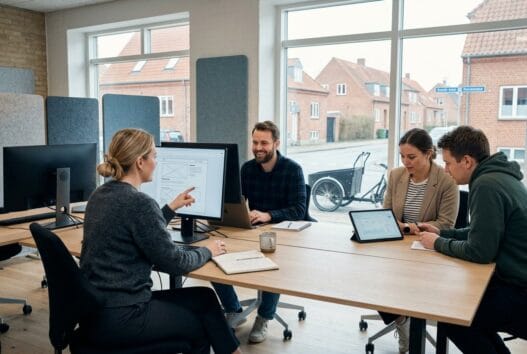 Moderne webbureau i nødebo med dansk team, der arbejder ved computer med digitale analyser