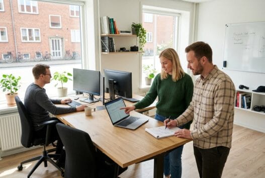Dansk webbureau i nørager (8961) med team foran skærme og digitale dashboards