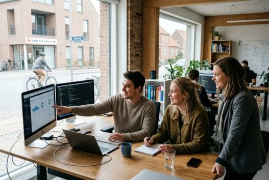 Moderne webbureau i Nørhalne med dansk team foran skærme og digitale løsninger