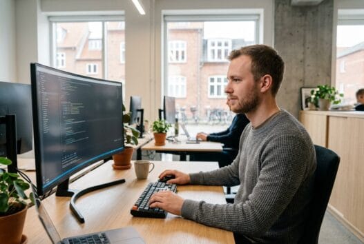 Dansk webbureau i Nørre Alslev med to personer foran skærme i et lyst, moderne kontormiljø