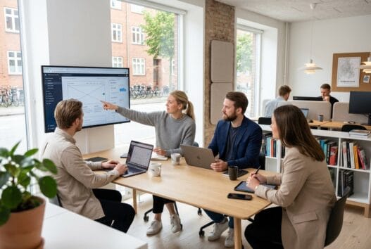 Dansk webbureau i Nørre Asmindrup med team, der arbejder med digitale løsninger og analyse ved computer