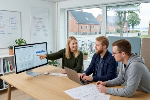 Moderne webbureau i Nørre Bork med dansk team foran skærme og digitale dashboards