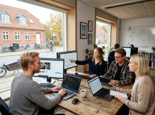 Moderne webbureau med dansk team ved skærme og dashboards i nørre broby