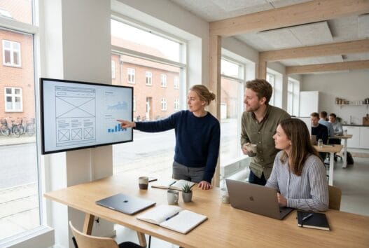 Skandinavisk webteam arbejder ved computer med digitale løsninger i Nørre Felding