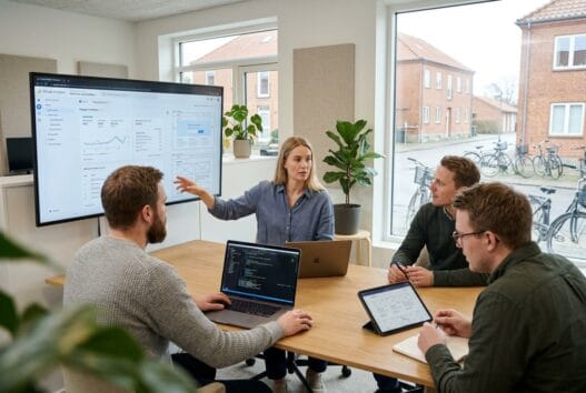 Dansk webbureau i nørre galten med team, der arbejder ved computer og gennemgår digitale løsninger