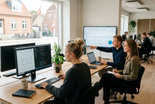 Dansk webbureau i nørre kollund med team omkring skærme og digitale løsninger