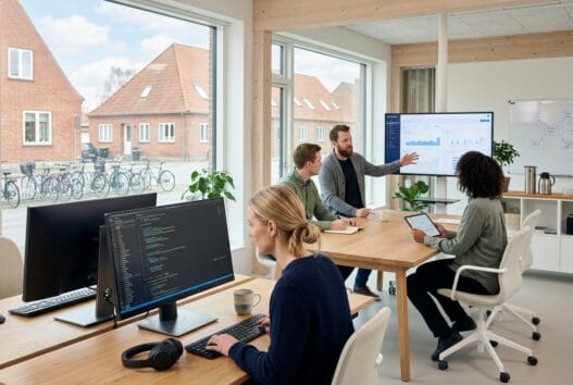 Dansk webbureau i Nørre Lyndelse med team foran skærme og digitale dashboards
