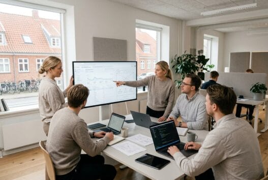 Dansk webbureau i Nørre Nebel med team foran computer, der arbejder med digital marketing og webdesign