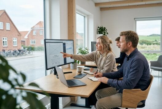 Skandinavisk team arbejder med webdesign og digitale dashboards på kontor i Nørre Nissum