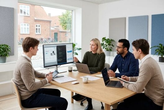 Skandinavisk webbureau i Nørre Snede med team ved computer og digitale dashboards