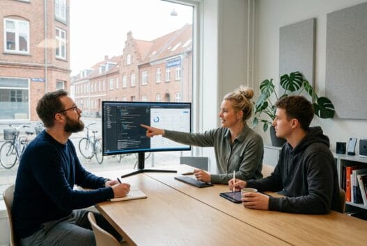 Moderne webbureau i nørre søby med team ved computer og digitale dashboards