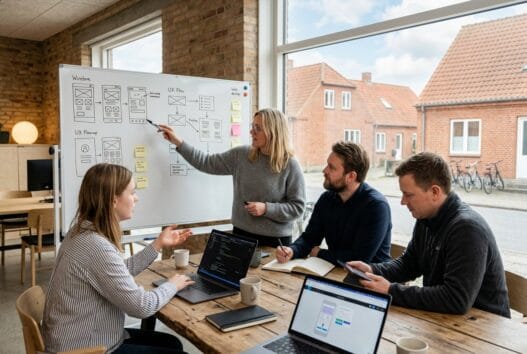 Dansk webbureau i nørre vilstrup med team ved computerskærme i moderne kontormiljø