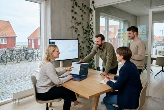Dansk webteam arbejder ved computere i nørre vorupør med digitale design- og SEO-opgaver