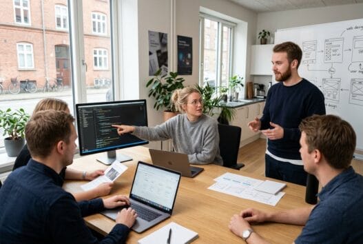 Moderne webbureau i nørreballe med dansk team ved computer og digitale dashboards
