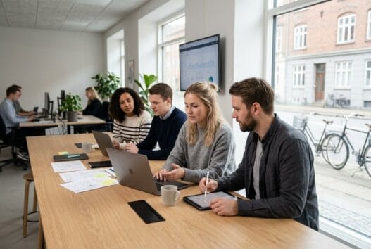 Skandinavisk webbureau i Nørskovlund med team ved computere og digitale dashboards