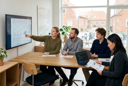 Moderne webbureau i nørup med dansk team, der arbejder ved computere med digitale løsninger