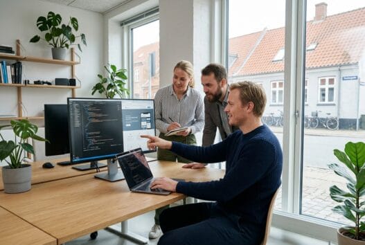 Skandinavisk team arbejder med webdesign og data i et moderne kontor i Nøvling