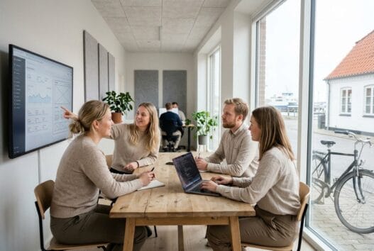 Dansk team arbejder med webdesign og SEO i moderne kontor i nordby (6720)