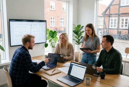 Dansk webbureau med team ved computere i nordby (8305) i moderne, lyst kontormiljø