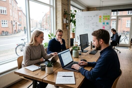 Skandinavisk team arbejder med webdesign og digitale dashboards på kontor i nordbyen