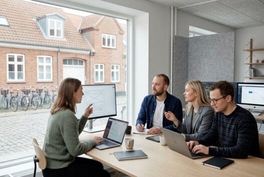 Skandinavisk webbureau i nørre knudstrup med team foran dashboards og kode på moderne kontor