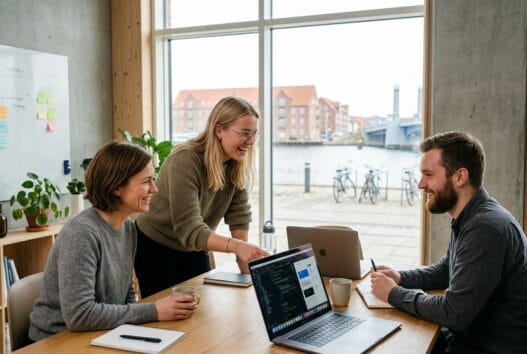Skandinavisk webbureau i Nørresundby med team ved computer og digitale dashboards