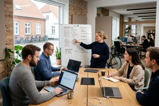 Moderne webbureau i Norring med dansk team foran skærme og digitale dashboards