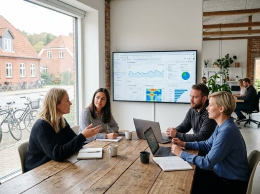 Moderne webbureau i Norup med dansk team ved computer og digitale dashboards
