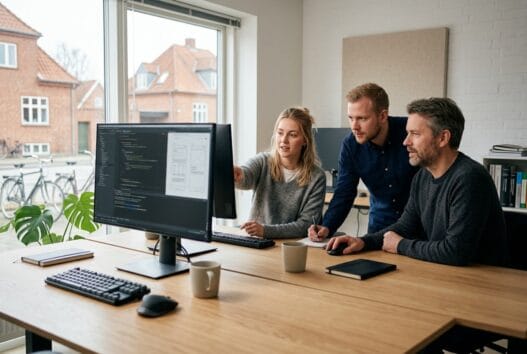 Dansk webbureau i Nustrup med team ved computer og digitale dashboards
