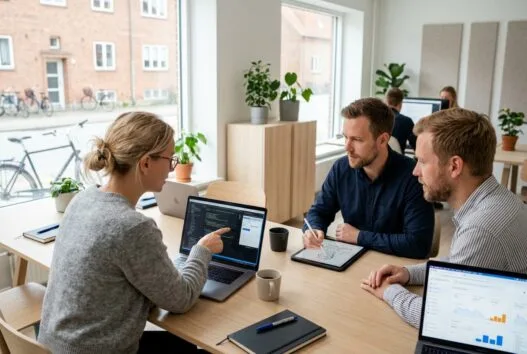 Danskt webbureau i Ny Hammersholt med team ved computere i moderne kontor med naturligt lys