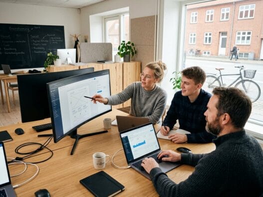Moderne webbureau i ny harløse med team ved computer og digitale dashboards