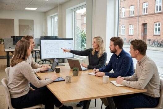 Skandinavisk webbureau i ny nørup med team ved computer og dashboards i moderne kontormiljø
