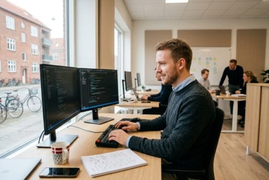 Dansk webbureau arbejder ved computer med dashboards i ny skovsgård