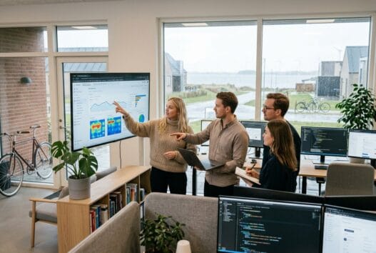 Moderne webbureau i nykøbing strandhuse med team ved computer og digitale skærme