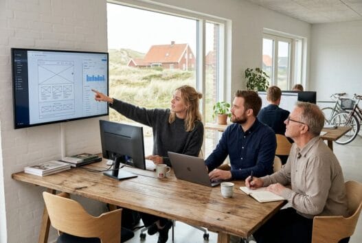 Dansk webbureau i nymindegab med team ved computer og digitale dashboards i moderne kontormiljø