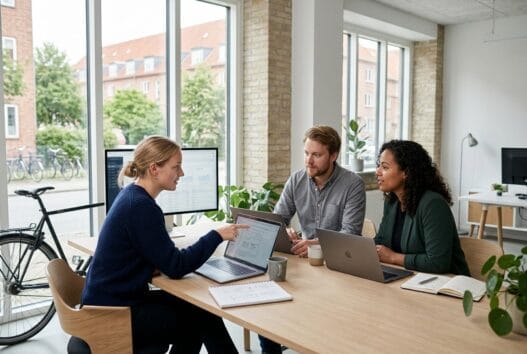 Moderne webbureau i Nymølle med dansk team, der arbejder med design, kode og digitale dashboards