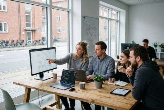 Skandinavisk team arbejder med webdesign og digitale data på kontor i Nyråd