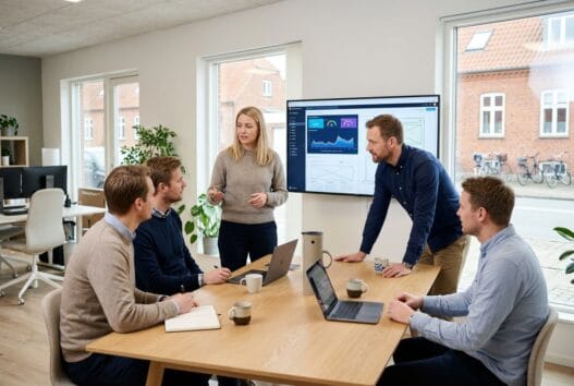 Moderne webbureau i Nyrup (4296) med dansk team foran computer og dashboards