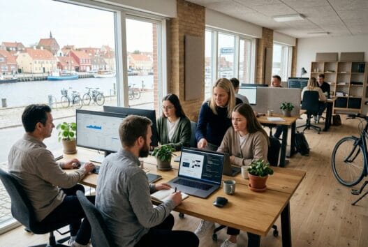 Skandinavisk webteam arbejder ved computere i nysted med digitale dashboards og moderne kontorlys